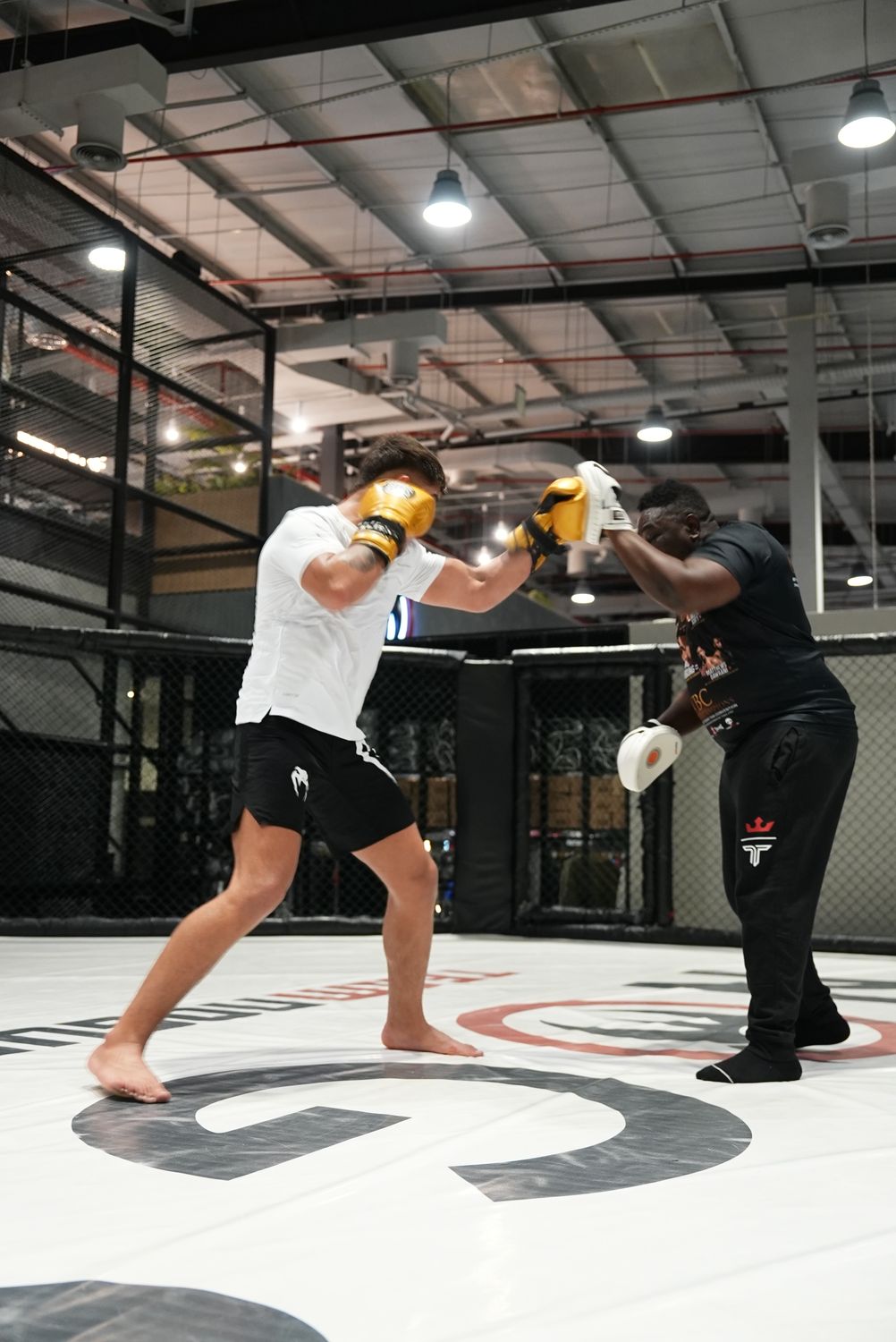 MMA fighter working the pads with his coach in the cage